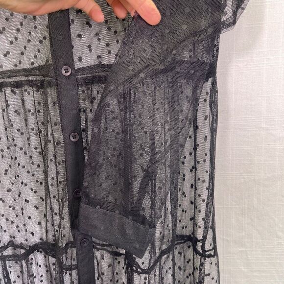 Spoon Jeans Black Polka Dot Mesh Sheer Long Sleeve Button Up Maxi Dress Size 1X - Picture 5 of 8